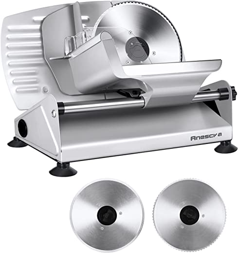 Meat Slicer, Anescra 200W Electric Deli Food Slicer with Two Removable 7.5’’ Stainless Steel Blades and Food Carriage, 0-15mm Adjustable Thickness…