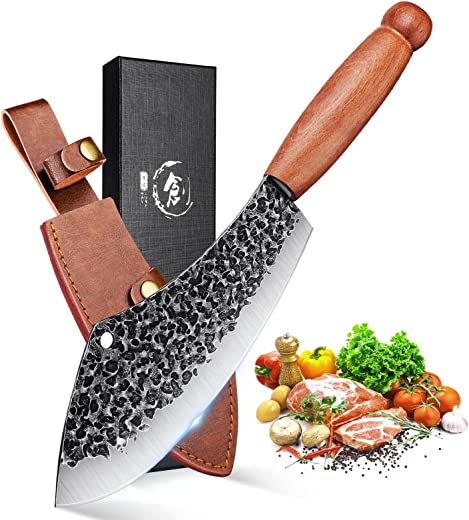 Men With The Pot Knife Forged Butcher Knife with Sheath & Gift Box Japanese Chef Meat Vegetable Cleaver Knife for Kitchen and Camping – Made of…