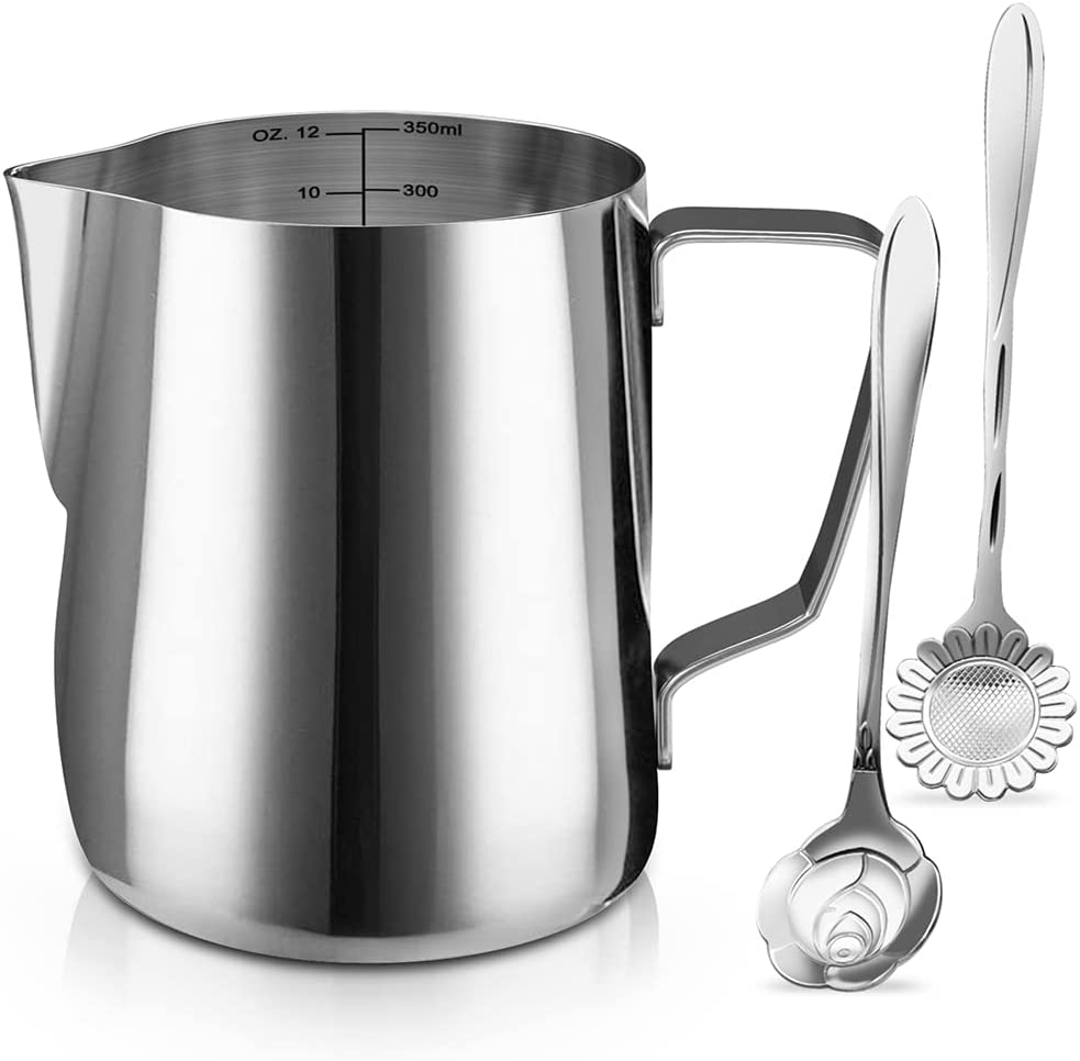 Milk Frothing Pitcher Jug – 12oz/350ML Stainless Steel Coffee Tools Cup – Suitable for Espresso, Latte Art and Frothing Milk, Attached Dessert…