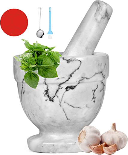 Mortar and Pestle Marble Set for Spices Pestos Seasonings Pastes Guacamole Bowl Herb Grinder Easy to Clean Included:Silicone Mat,Brush,Stainless…