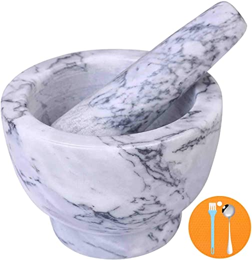 Mortar and Pestle Set, Guacamole Bowl Polished Natural Marble Stone, Grinder and Crusher, with Silicone Mat & Spoon-300ML(Light White Gray)