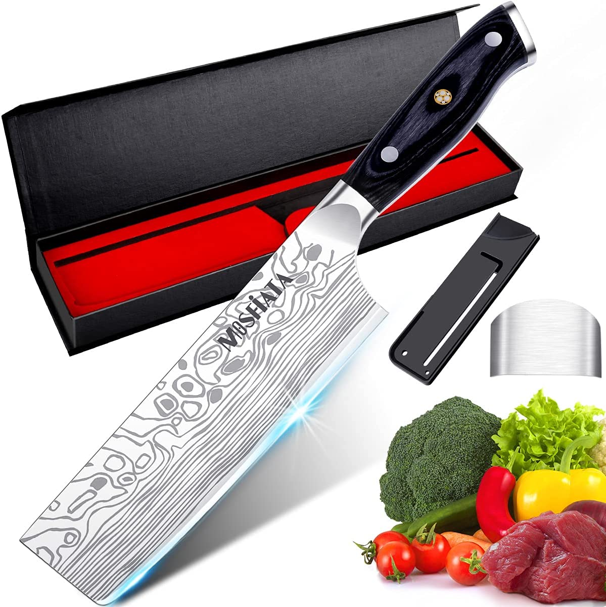 MOSFiATA 7” Nakiri Chef’s Knife with Finger Guard and Blade Guard in Gift Box, German High Carbon Stainless Steel EN1.4116 Nakiri Vegetable Knife,…