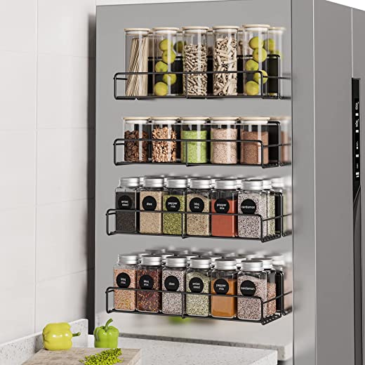 Mystozer 4 Pack Magnetic Spice Rack Organizer, Space Saver for Refrigerator and Microwave Oven, Metal Fridge Shelf, Black