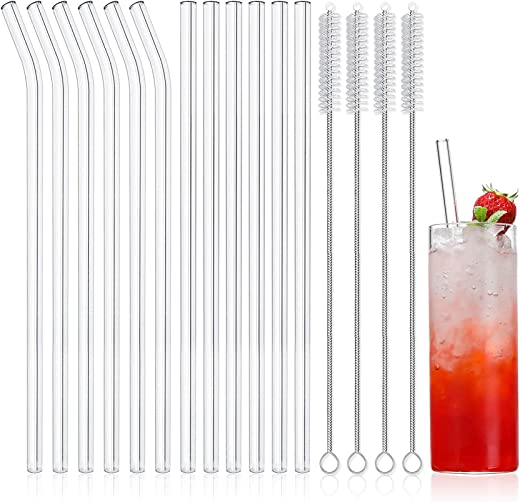 NETANY 12-Pack Reusable Glass Straws, Clear Glass Drinking Straw, 10”x10 MM, Set of 6 Straight and 6 Bent with 4 Cleaning Brushes – Perfect for…
