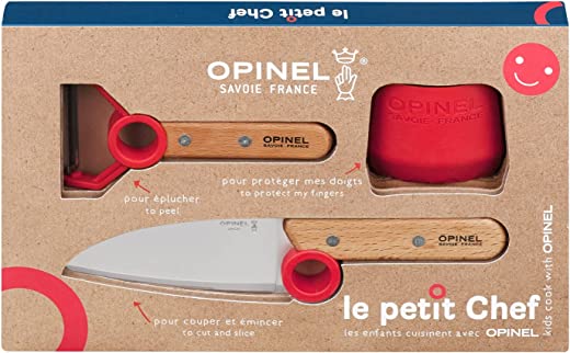 Opinel Le Petit Chef Complete 3 Piece Kitchen Set, Chef Knife with Rounded Tip, Fingers Guard, Peeler, For Children and Teaching Food Prep and…