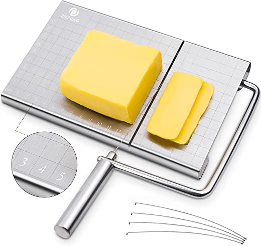 PL ZMPWLQ Cheese-Slicers with Wire, Cheese Slicer Stainless Steel with 4 Replacement Wires Cheese Cutters Accurate Size Scale,Wire Cheese Slicer…