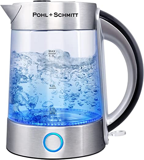 Pohl Schmitt 1.7L Electric Kettle with Upgraded Stainless Steel Filter, Inner Lid & Bottom, Glass Water Boiler & Tea Heater with LED, Cordless,…