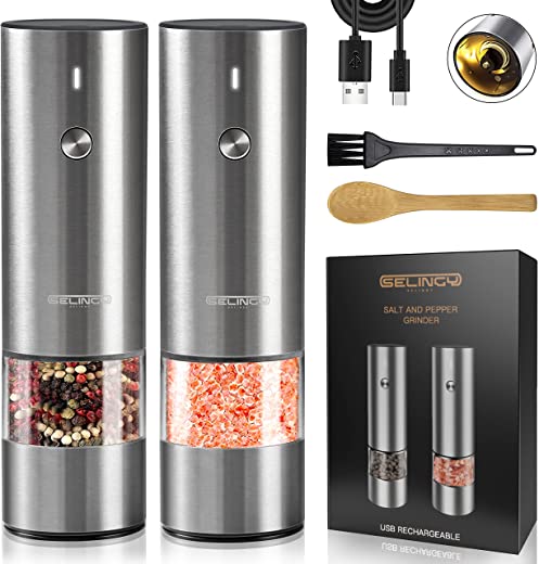 Rechargeable Electric Salt and Pepper Grinder Set – Stainless Steel, with USB Type-C Cable, LED Lights, Automatic Modern Electric Pepper Mill, 2…