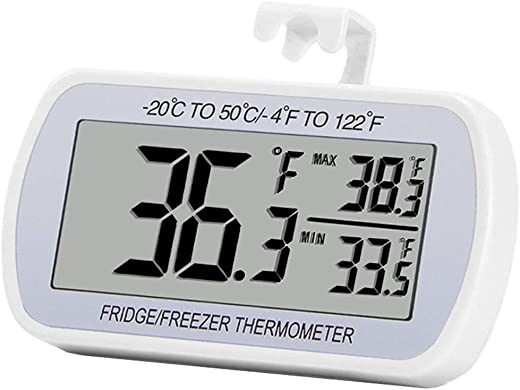 Refrigerator Thermometer Digital Fridge Freeze Room Thermometer Waterproof Large LCD Display Max/Min Record Function, White