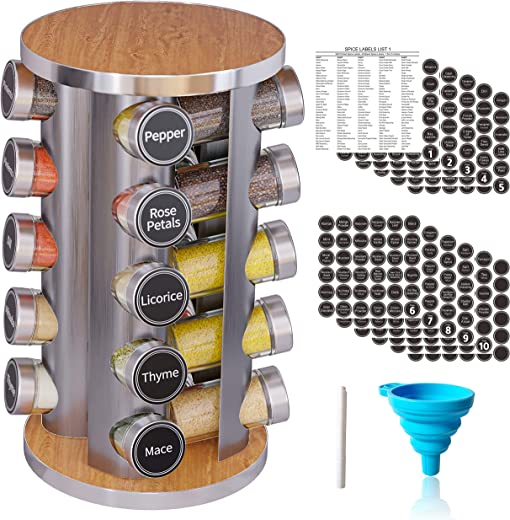 Revolving Spice Rack Set with 20 Spice Jars, Kitchen Spice Tower Organizer for Countertop or Cabinet — Carousel Storage Includes 386 Spice Labels