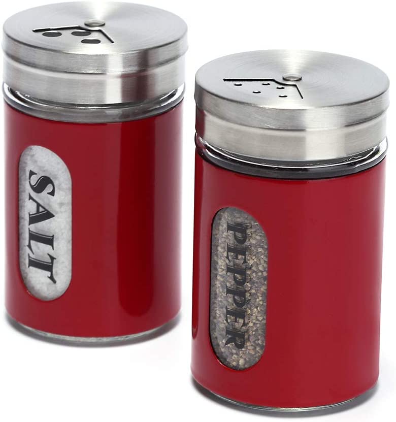 Salt and Pepper Shakers Stainless Steel and Glass Set with Adjustable Pour Holes (Red)