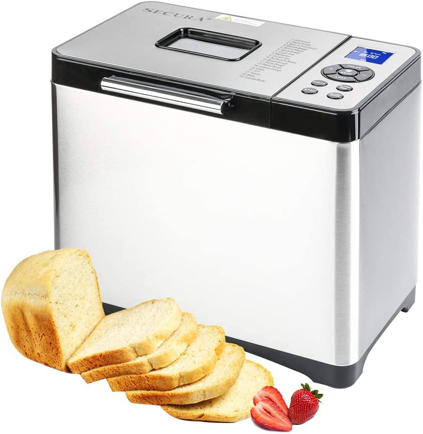 Secura Bread Maker Machine 2.2lb Stainless Steel Toaster Makers 650W Multi-Use Programmable 19 Menu Settings for Home Bakery (Silver)