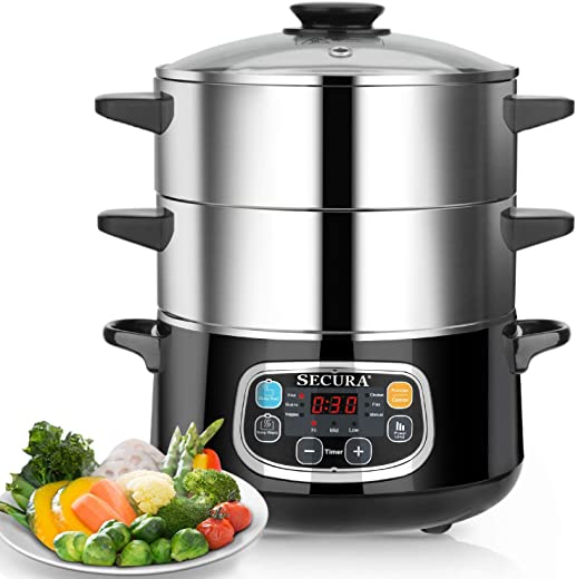 Secura Electric Food Steamer, Vegetable Double Tiered Stackable Baskets with Timer 1200W Fast Heating Stainless Steel Digital Steamer 8.5 Quart
