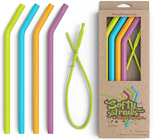Softy Straws Premium Reusable Silicone Drinking Straws + Patented Straw Squeegee – 9” Long With Curved Bend for 20/30/32oz Tumblers – BPA Free…