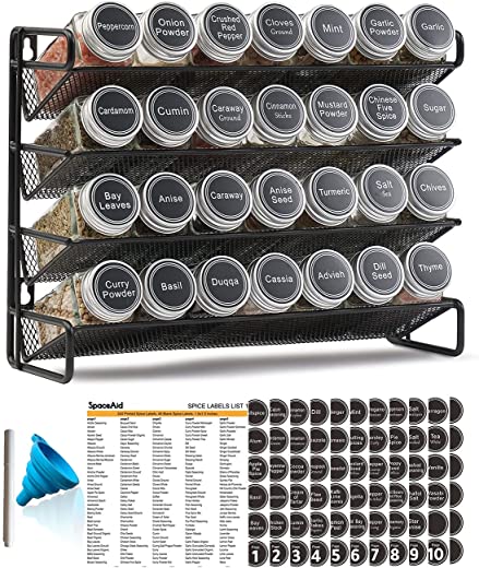 SpaceAid Spice Rack Organizer with 28 Spice Jars, 386 Spice Labels, Chalk Marker and Funnel Set for Cabinet, Countertop, Pantry, Cupboard or Door &…