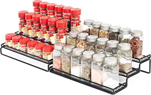 Spice Rack Organizer for Cabinet, Pantry and Countertop, 3 Tier Expandable Seasoning Shelf, Black