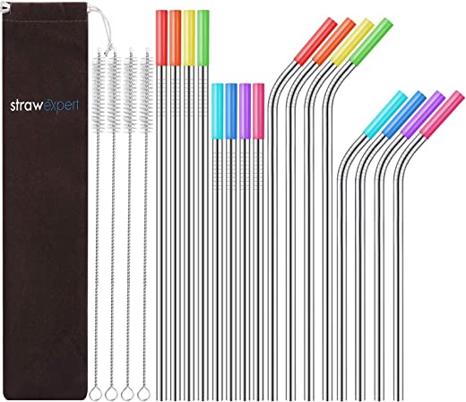 StrawExpert Set of 16 Reusable Stainless Steel Straws with Travel Case Cleaning Brush Silicone Tips Eco Friendly Extra Long Metal Straws Drinking…