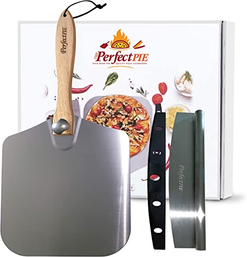 THE PERFECT PIE Premium Pizza Peel 12″ x 14″ Aluminum Pizza Paddle with Foldable Handle for Storage and 14” Rocker Cutter with Protective Cover….