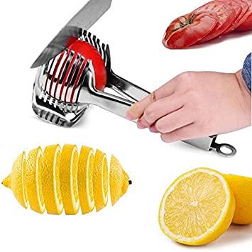 Tomato Lemon Slicer Holder Round Fruits Onion Shreader Cutter Guide Tongs with Handle Kitchen Cutting Potato Lime Food Stand Stainless Steel