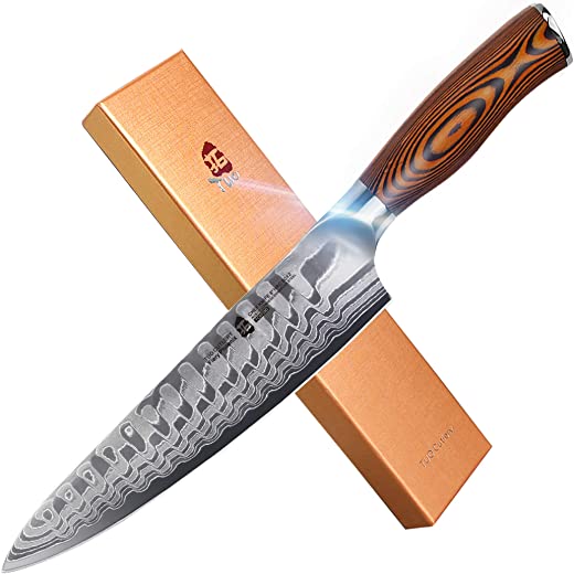 TUO Damascus Chef’s Knife – Kitchen Knives – Japanese AUS10 HC 67 Layers Steel with Dragon Pattern – Ergonomic Pakkawood Handle – 8″ – Fiery…