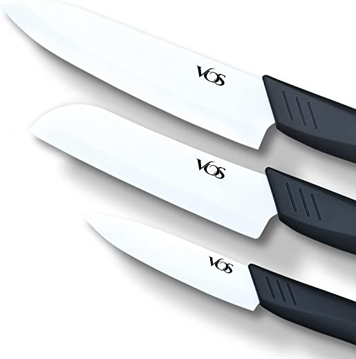 Vos Ceramic Knives with Covers – 3-Piece Knife Set – 6″ Chef Knife, 5″ Santoku Knife, 4″ Paring Knife, 3 Covers – Ideal Kitchen Knives for Fruits,…