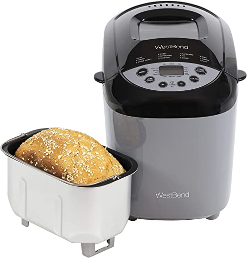 West Bend Hi-Rise Bread Maker Programmable Horizontal Dual Blade with 12 Programs Including Gluten Free, 3-Pound, Gray