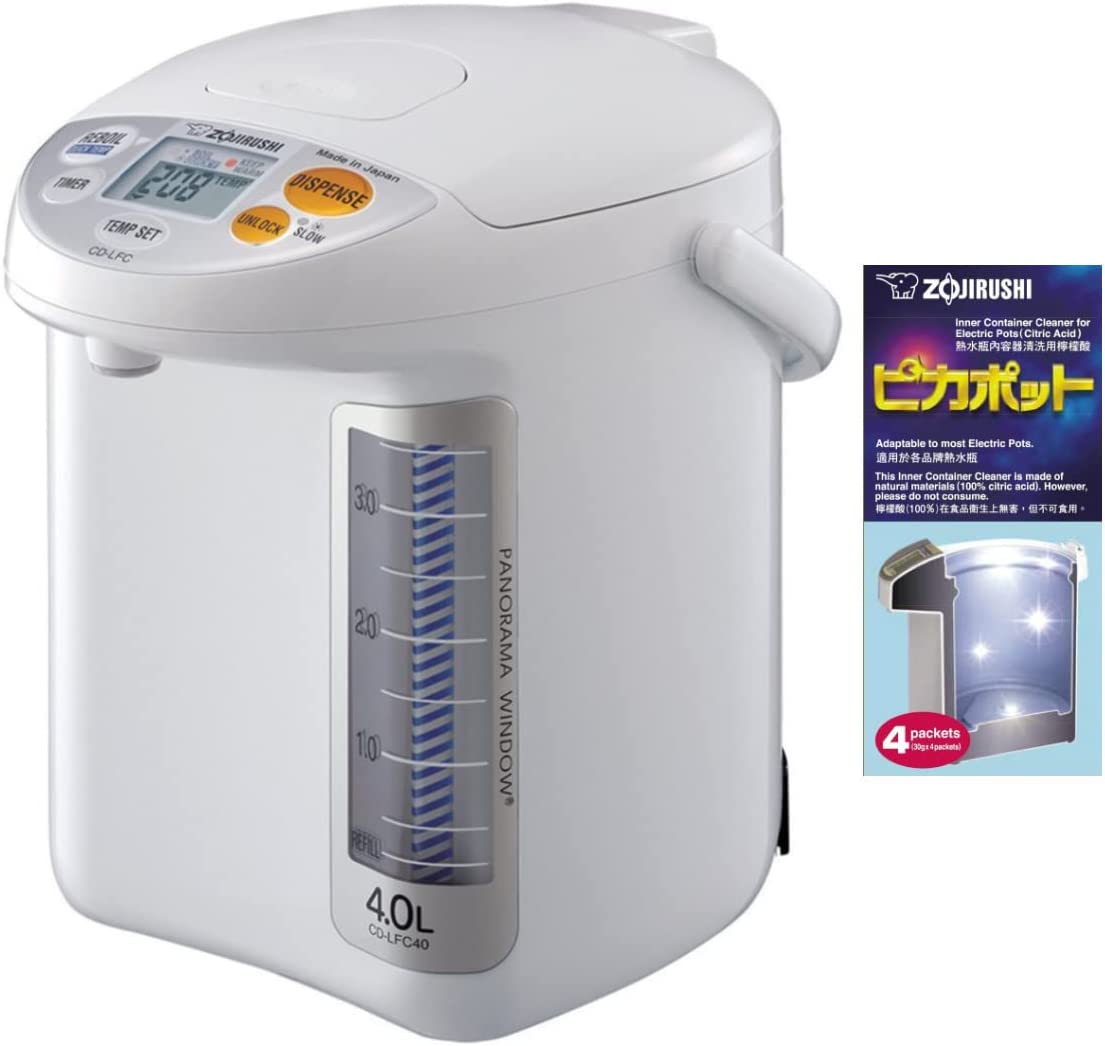 Zojirushi CD-LFC40 Micom Water Boiler and Warmer (135 oz, White) with 4 Packs of Descaling Agent Bundle (2 Items)