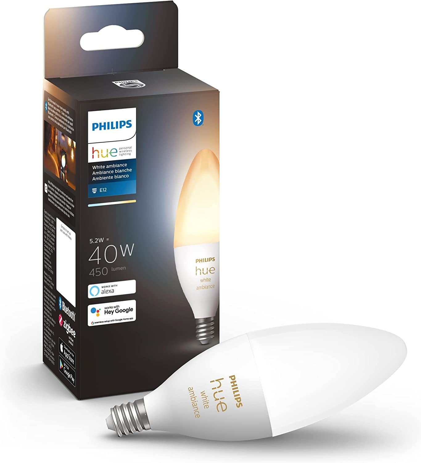 Philips Hue White Ambiance E12 LED Candle Light Bulb, Bluetooth & Zigbee Compatible (Hue Hub Optional), Works with Alexa &