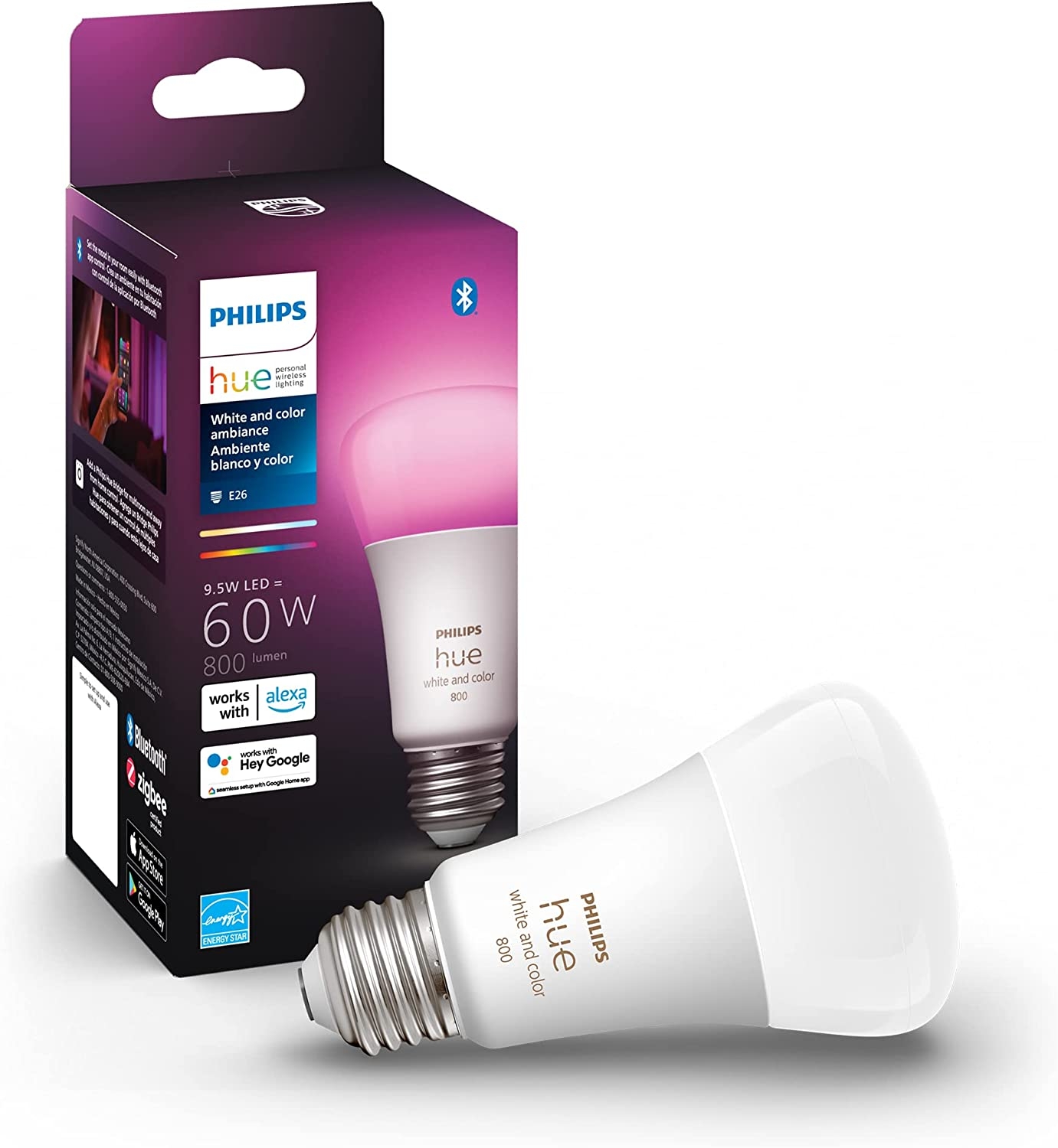 Philips Hue White and Color Ambiance A19 Base Lumen LED Smart Bulb, 800 Lumens, Bluetooth & Zigbee Compatible (Hue Hub