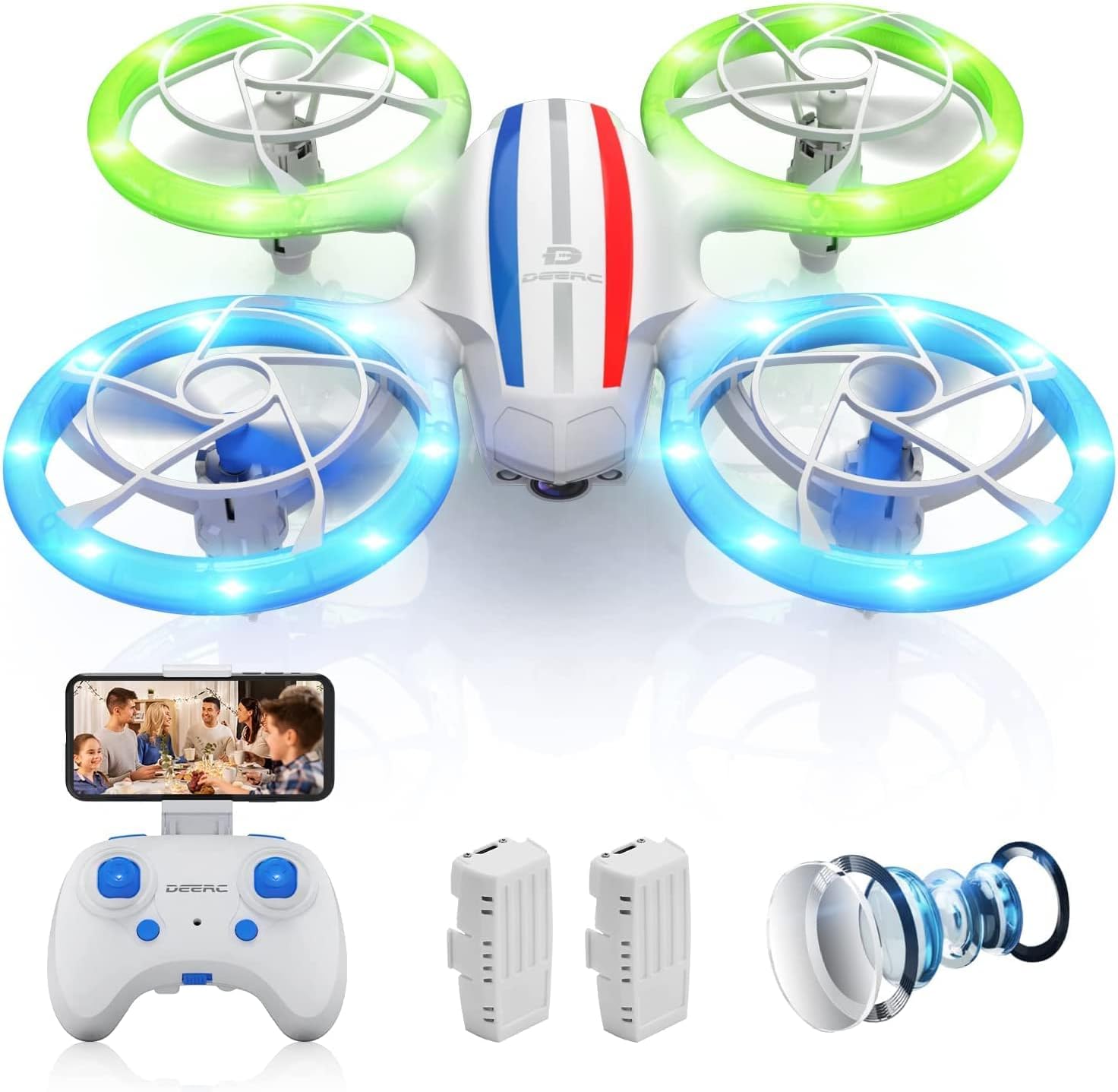 DEERC Mini Drone with Camera for Children, RC FPV Quadcopter with Wifi Transmission, 2 Batteries Long Flight Time, Colourful LED Lights, App…