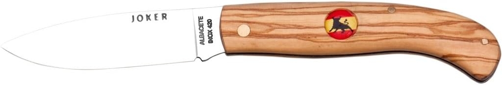 Joker Pocket knife NO78-20, Spanish flag with bull logo, 3.14 inch 420 stainless steel blade, olive wood handle, fishing,