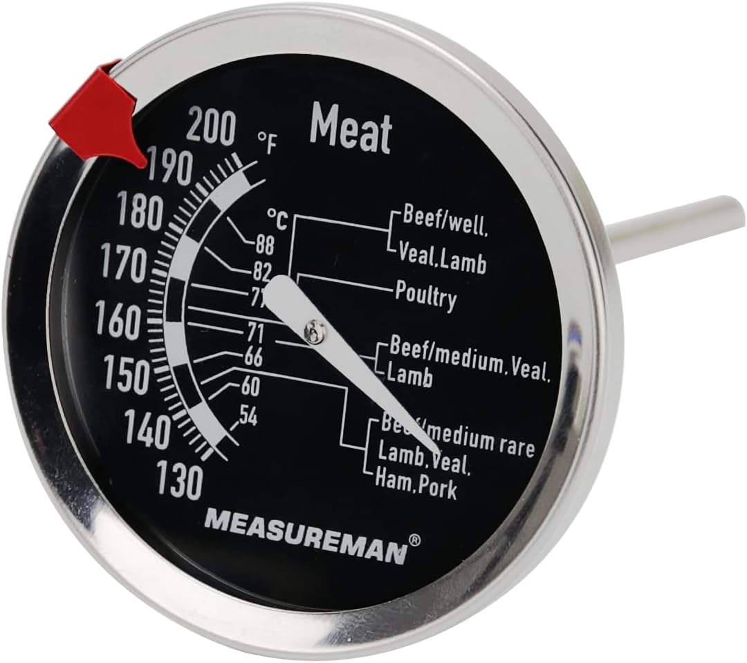 MEASUREMAN Meat Thermometer 2.5 Inch Dial with Red Indicator Clasp 304 Stainless Steel 130-220F/C Poultry Probe Oven BBQ Cooking
