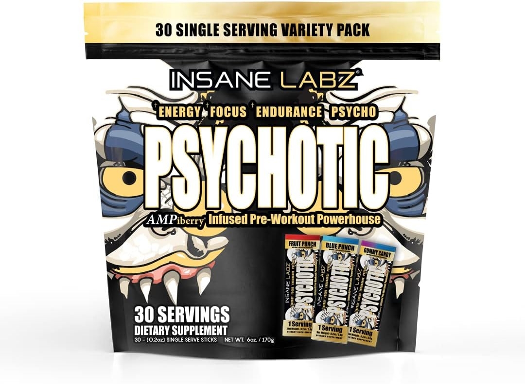 Insane Labz Psychotic Gold – Polvo estimulante para pre entrenamiento, energía extrema, concentración, levantamiento de pesas