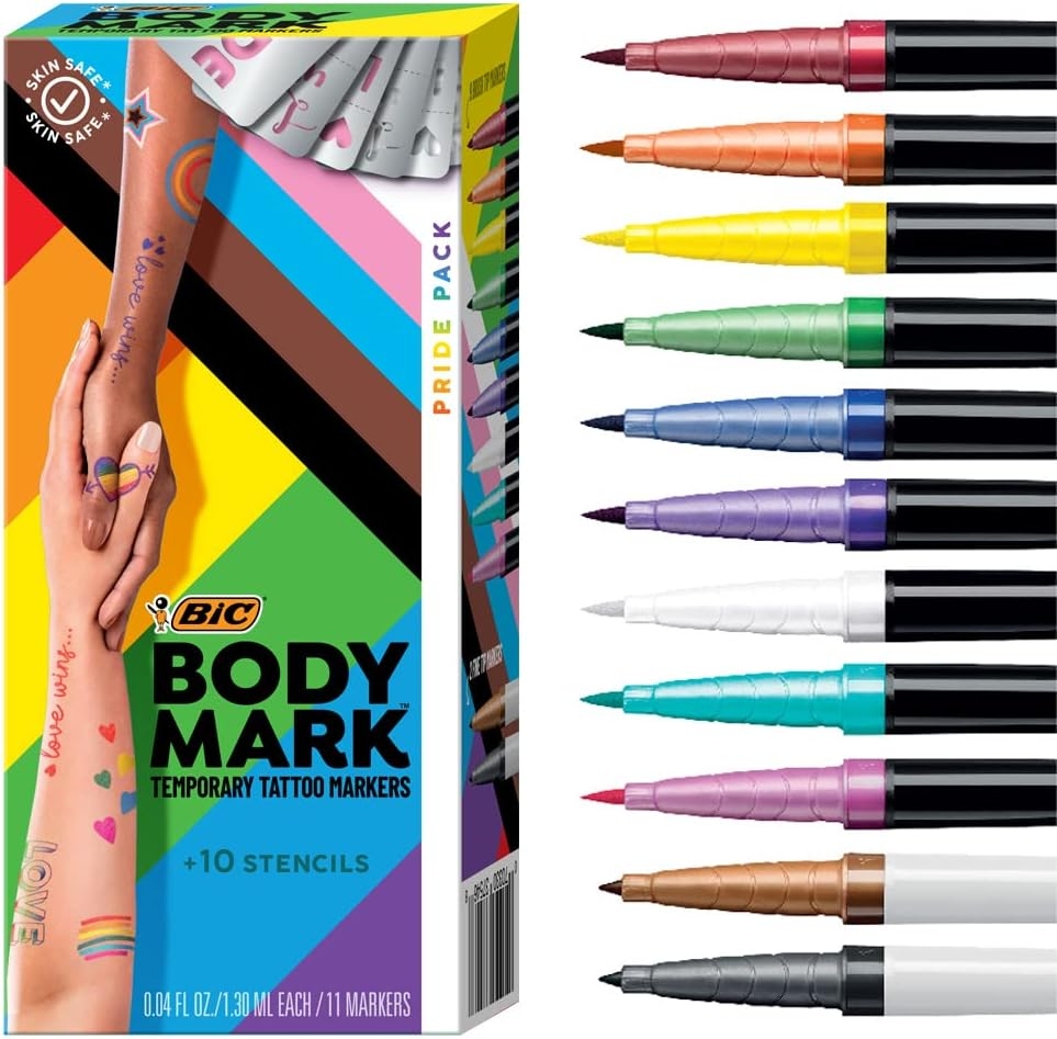 BIC BodyMark Temporary Tattoo Markers for Skin (MTBP81-AST), Color Collection, Flexible Brush Tip, 8-Count Pack of Assorted