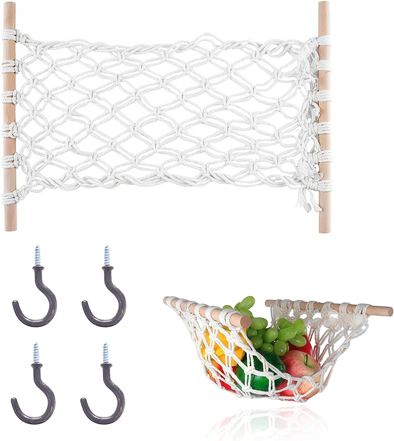 Under cabinet fruit basket, bohemian-style fruit hammock, exquisitely hand-woven, with 4 hooks, fruit hammock for kitchen can