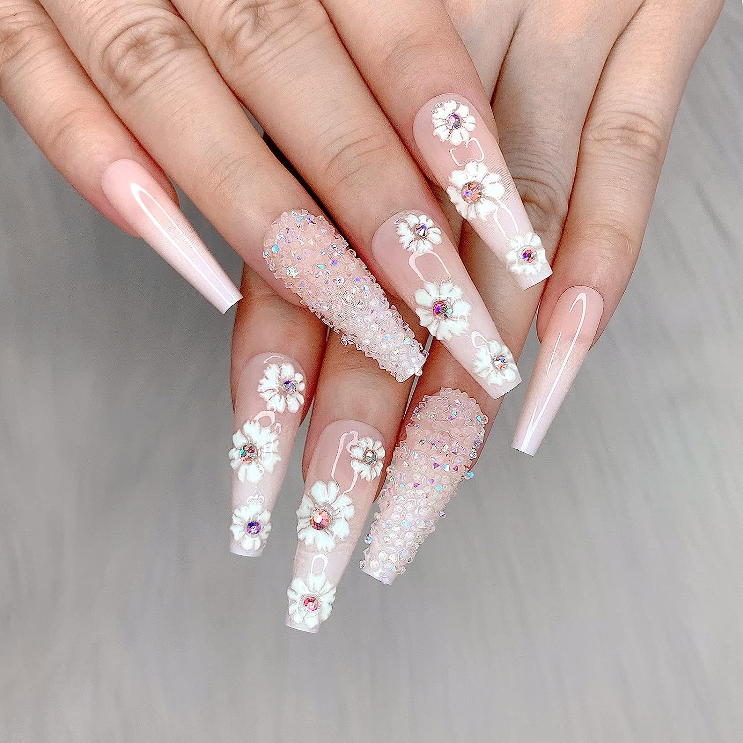 Artquee 24pcs French Nude White Ballerina Flash Diamond Crystal Long Glossy Coffin Flash Fake Nails Press on Nail False Tips