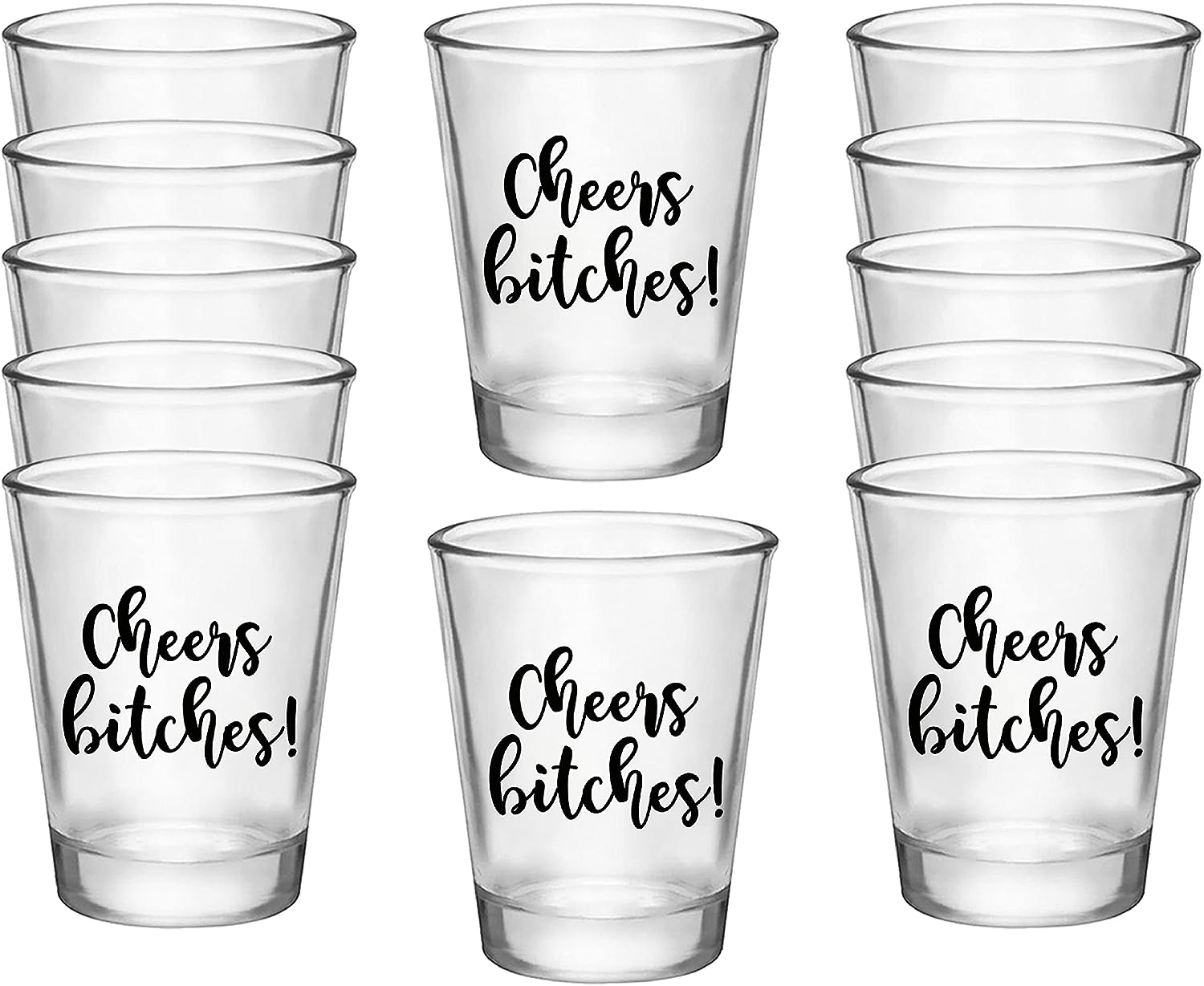 Cheers Bitches! Girls Shot Glass, 1.75oz – Set of 12 Perfect Birthday Shot Glasses for Women, Bachelorette Party Shot Glasses,