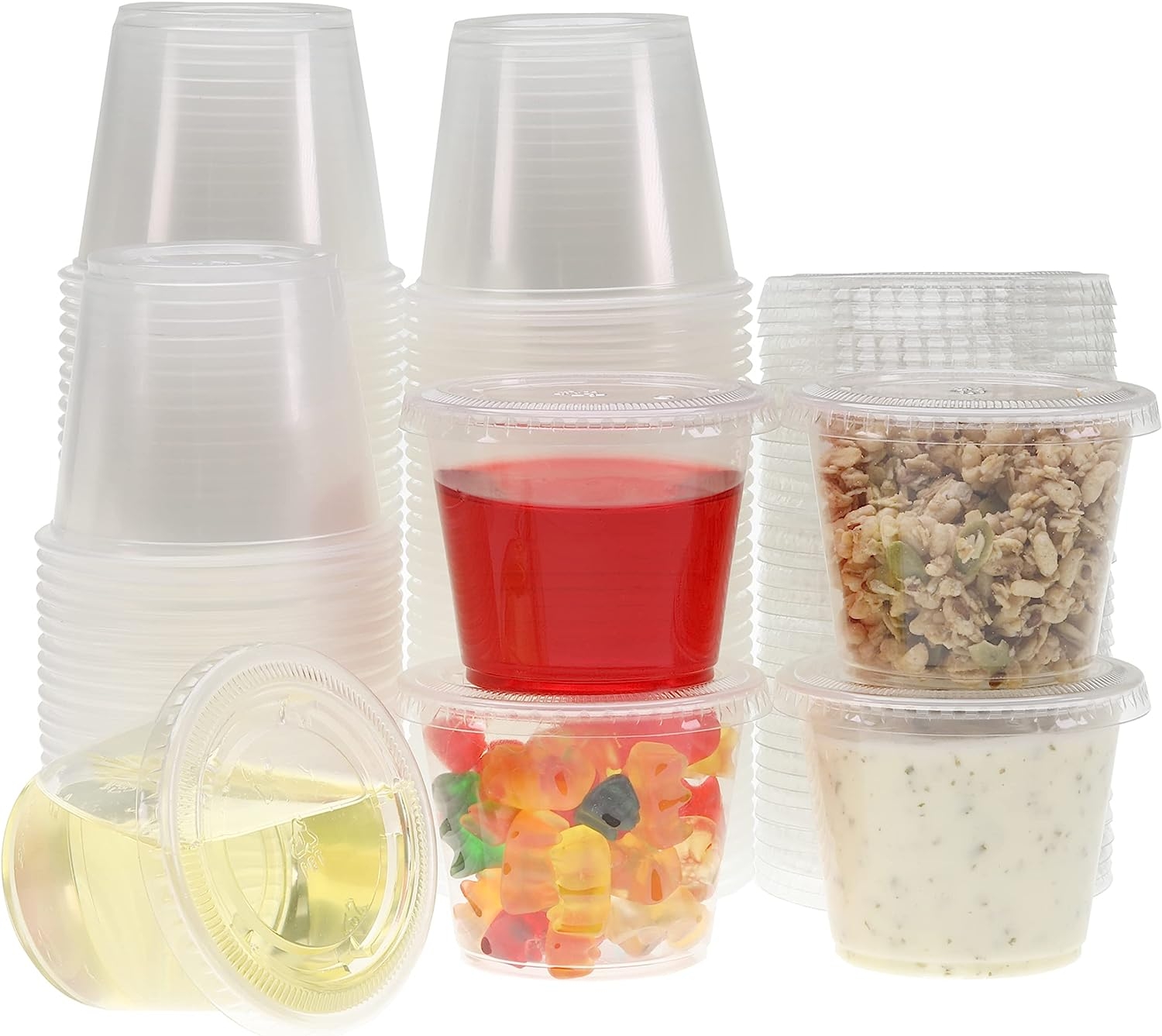 Freshware Plastic Portion Cups with Lids [4 Ounce, 100 Sets] Souffle Cups, Jello Shot Cups, Condiment Sauce Containers For