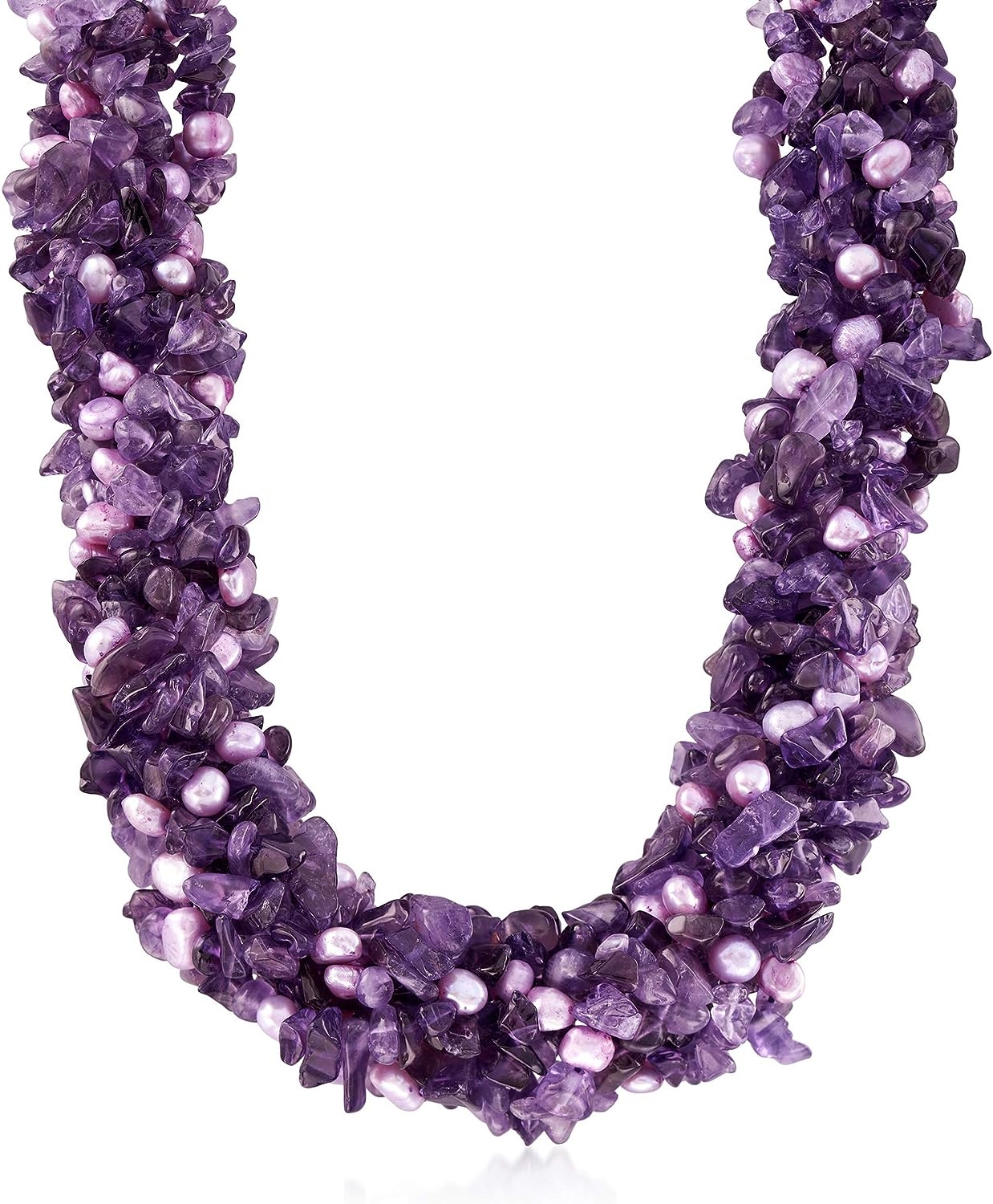 Ross-Simons 754.00 ct. t.w. Amethyst Bead and 5-6mm Purple Cultured Pearl Torsade Necklace With Sterling Silver. 18 inches  