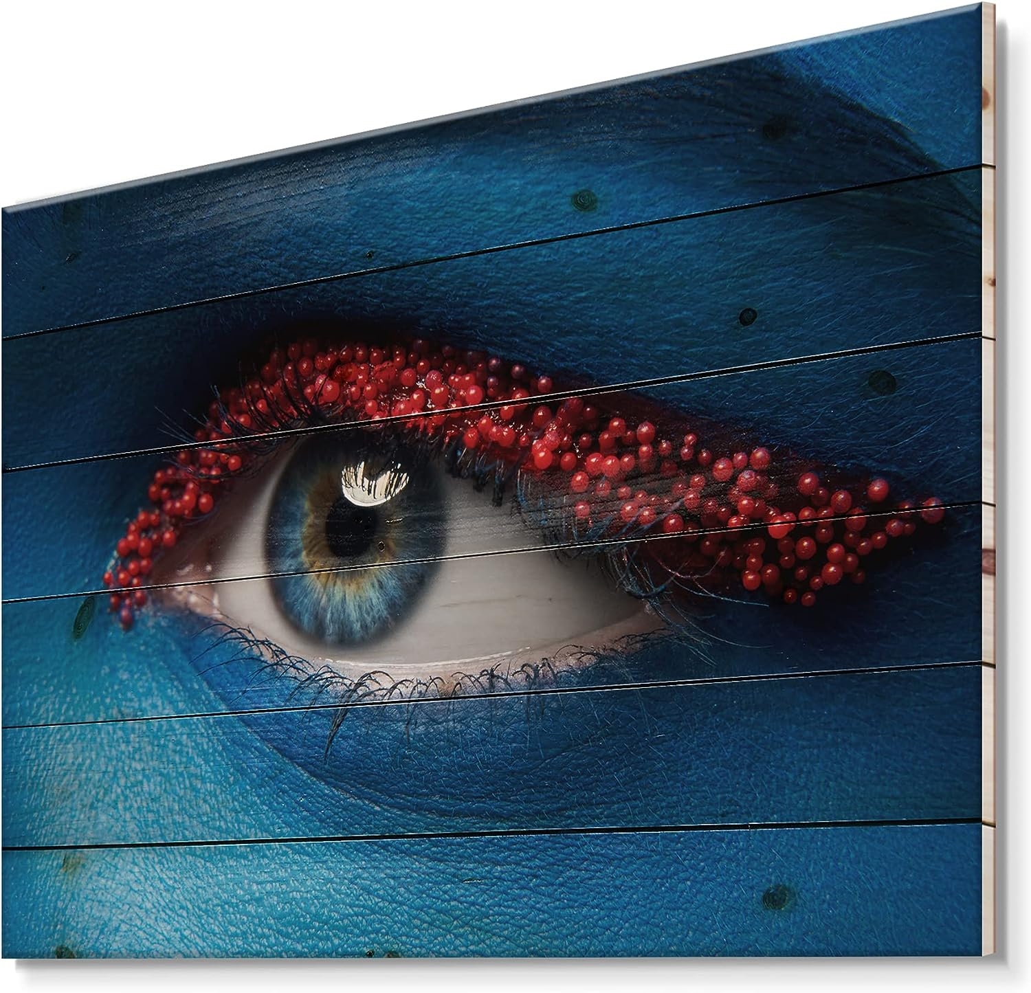 DesignQ Female Eye With Blue Paint On Face & Red Balls Modern & Contemporary Wood Wall Decor, Red Wood Wall Art, Large People