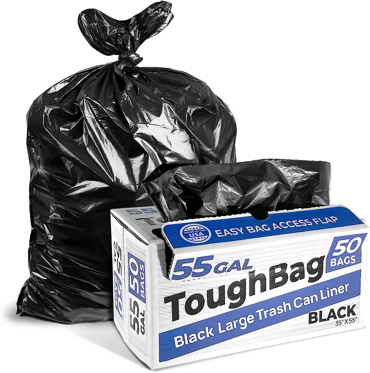 ToughBag 55 Gallon Trash Bags, 35 x 55â€ Large Industrial Black Trash Bags (50 COUNT) – 55-Gallon Outdoor Garbage Bags for