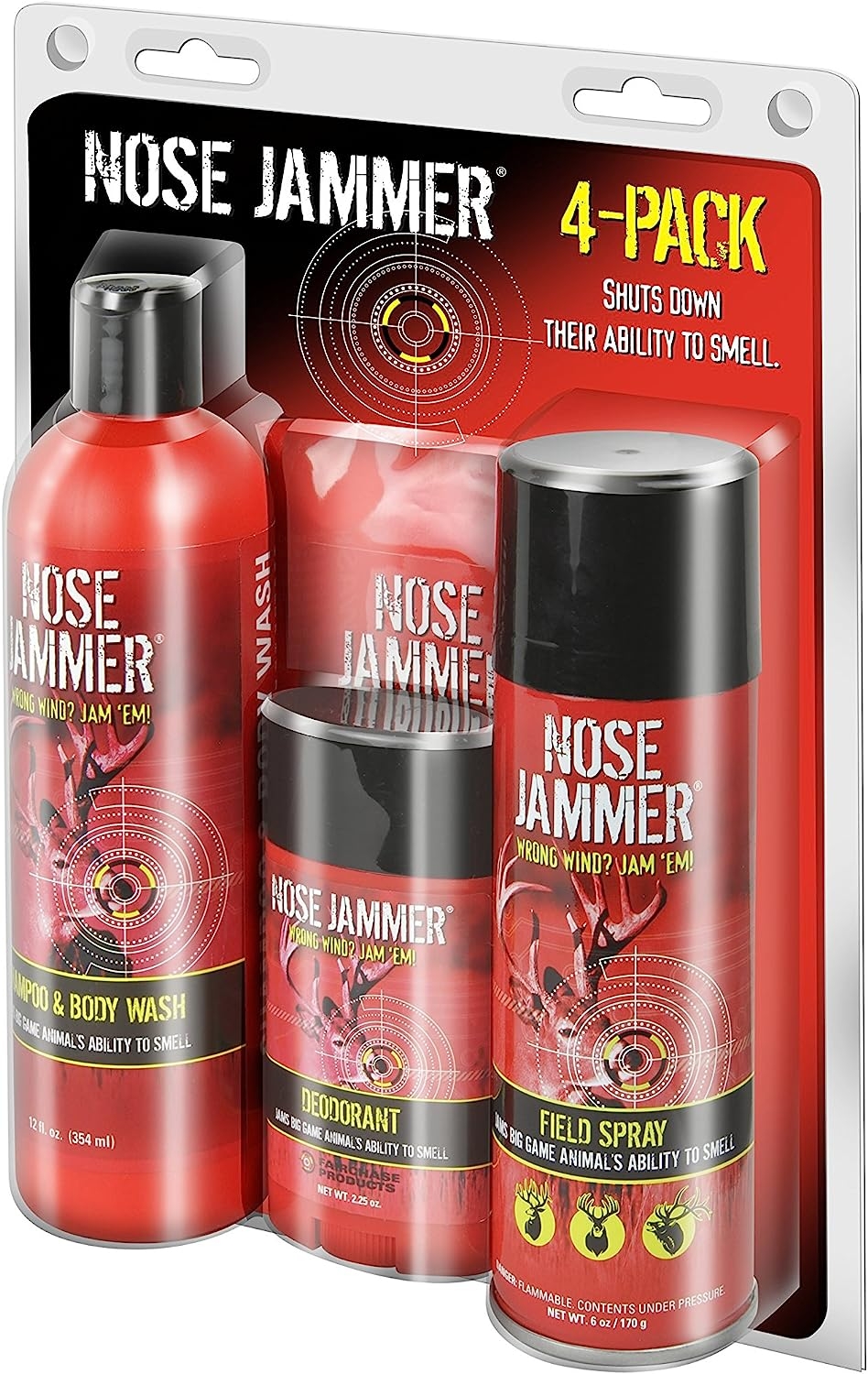 Nose Jammer Natural Hunting Scent Eliminator Deer Scent Blocker Best Value Combination 4-Pack Kit (Field Spray, Deodorant,