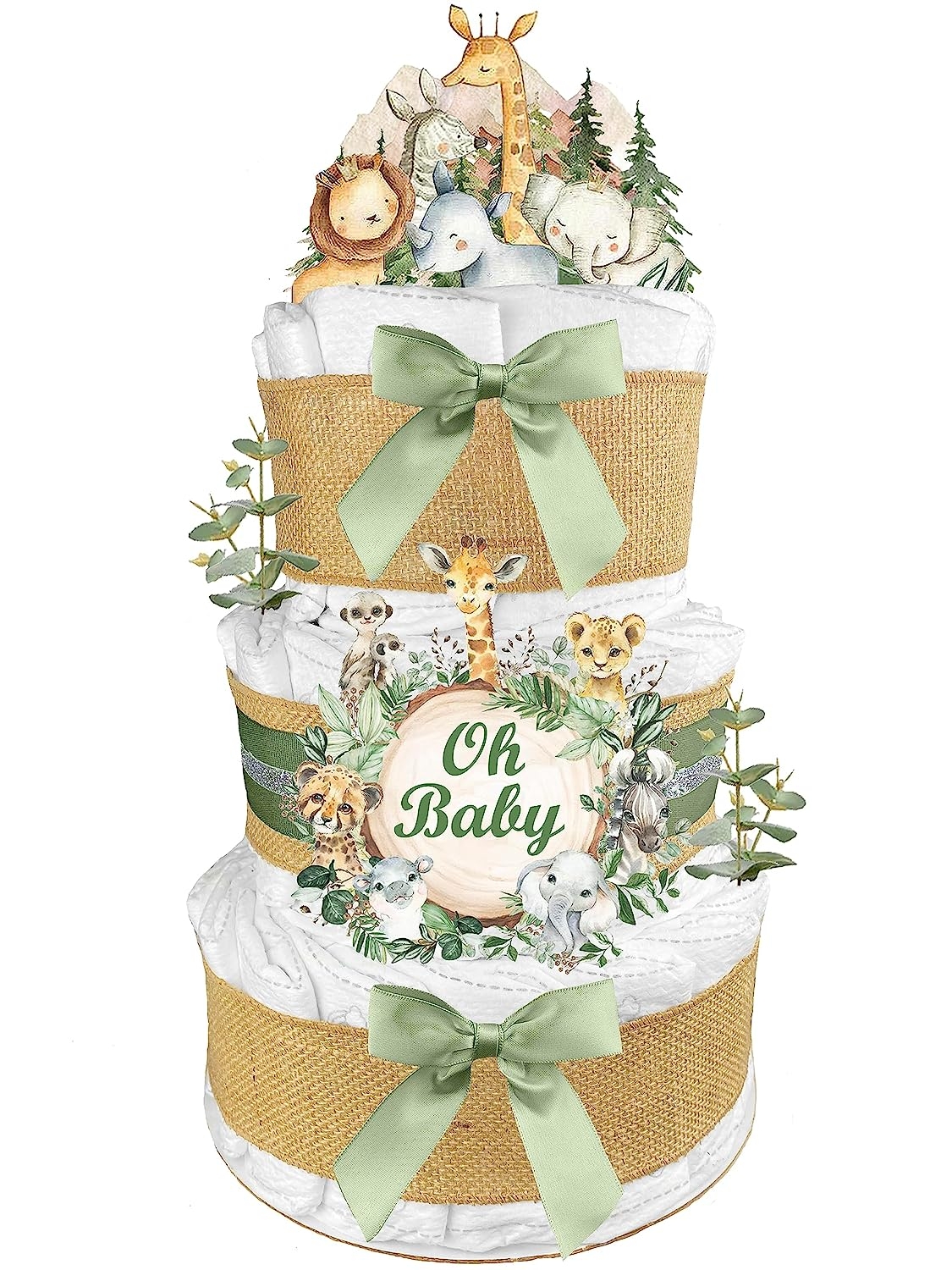 Safari Diaper Cake – Gender Neutral Baby Gift – Gender Reveal – Burlap and Sage Green   price checker  