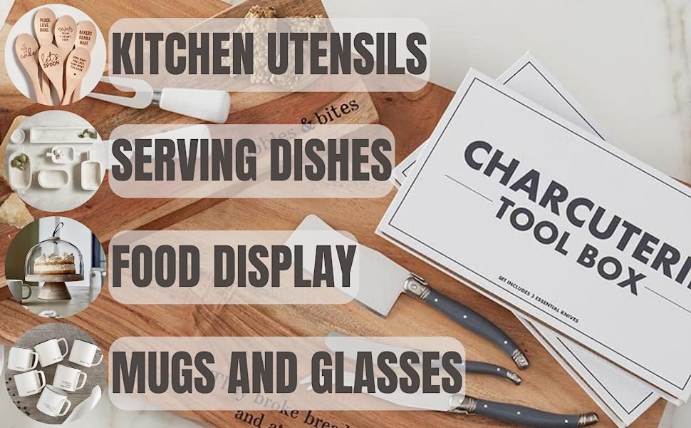 kitchen utensils serving dishes food display mugs and glasses cutting board with charcuterie toolbox