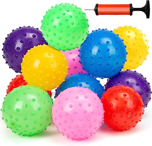 LOVEINUSA Knobby Balls, 12 PCS Bounce Ball Sensory Balls Massage Stress Balls with Air Pump Set, Fidget Toys, and Party Favors for Toddlers and…