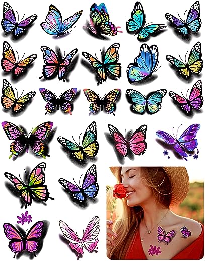 126Pcs Butterfly Temporary Tattoo, 3D Stickers Tattoo, Butterflies and Flowers Temporary Tattoos Stickers, Colorful Body Art Temporary Tattoos for…