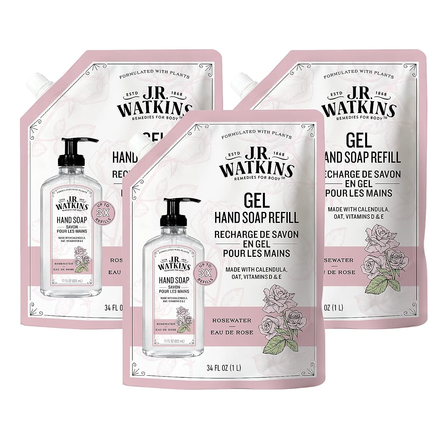 J.R. Watkins Gel Hand Soap With Dispenser, Moisturizing Hand Wash, All Natural, Alcohol-Free, Cruelty-Free, USA Made, Rosewater,