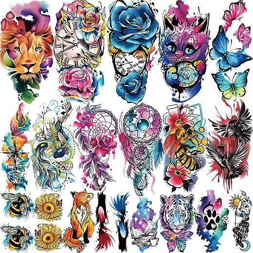 77 Sheets Temporary Tattoo, 17 Sheets Half Arm Flower Dream Catcher Cat Goldfish Fake Tattoos for Adults Shoulder Neck, 60 Sheets Tiny Waterproof…