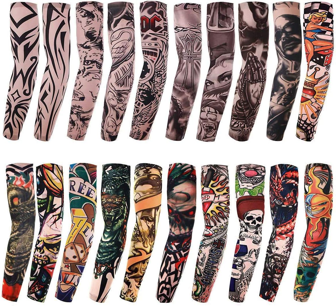 AKStore 20PCS Set Arts Fake Temporary Tattoo Arm Sunscreen Sleeves Designs Tiger, Crown Heart, Skull, Tribal and Etc
