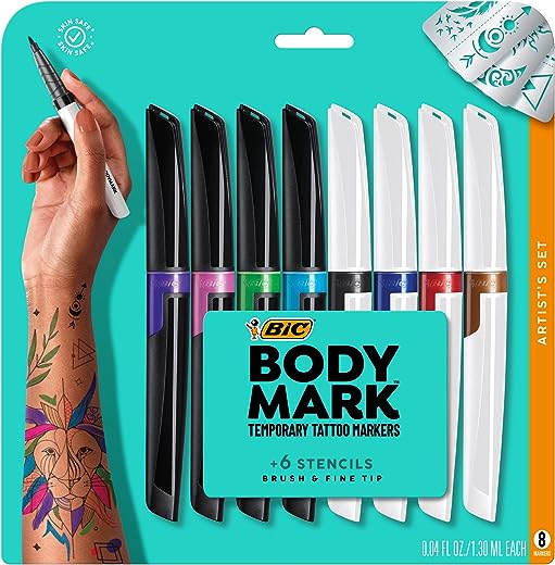 BIC BodyMark Temporary Tattoo Markers for Skin, Artist’s Set, Mixed Tip, 8-Count Pack of Assorted Colors, Skin-Safe*, Cosmetic Quality (MTBXP81-A-AST)